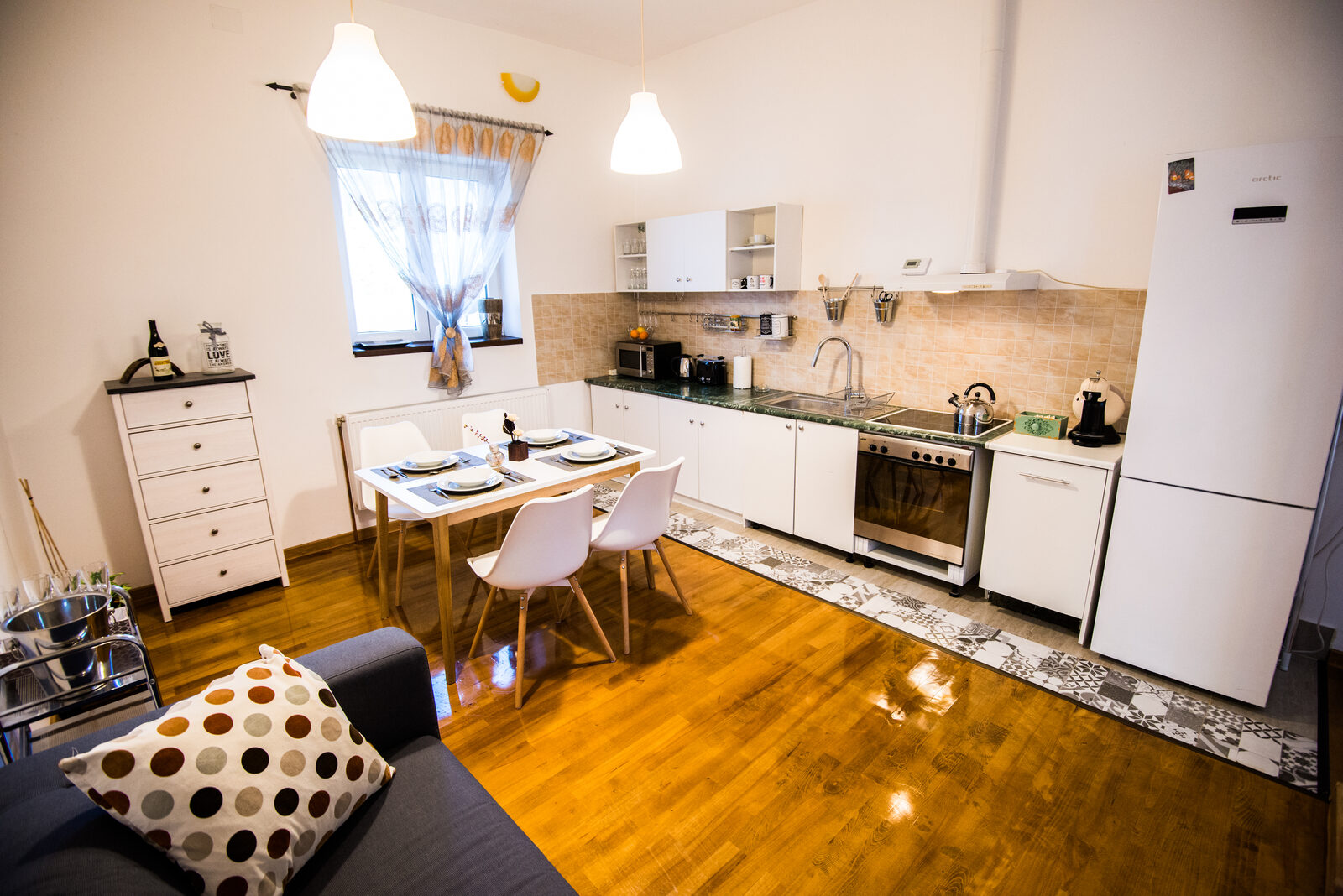 Kitchen and dining area seen from above