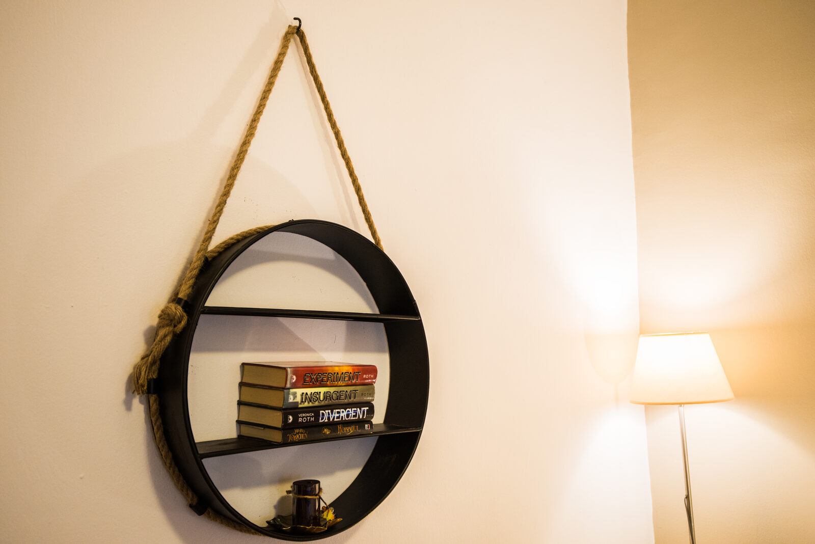 Round hanging shelf with books