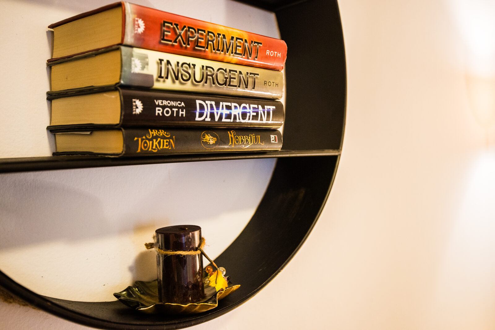 Detail of books on the round shelf